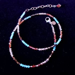 Crystal & 925 Delicate Necklace Choker Sparkling Earth Tones Blue Brown